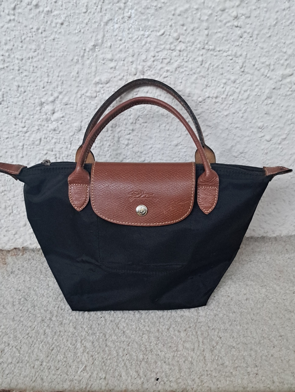 Longchamp Black Nylon Tote with Brown Leather Trim